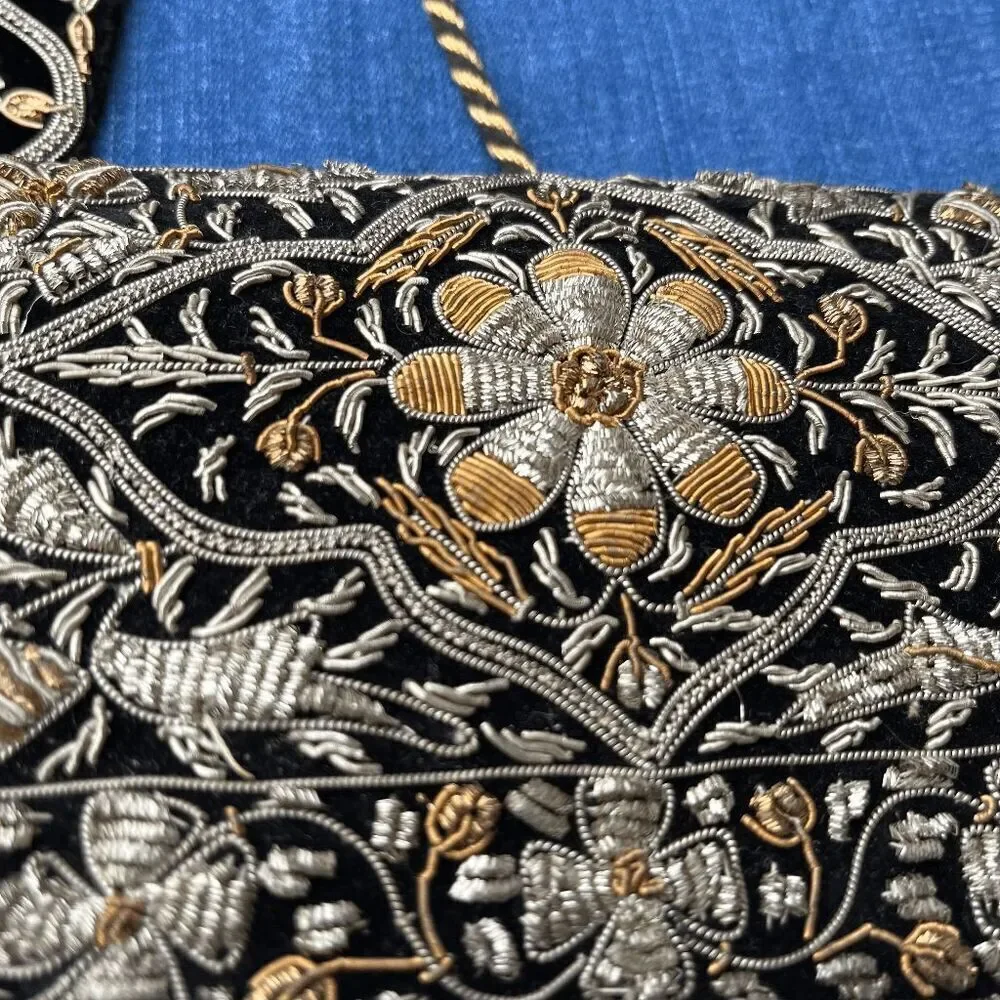 Vintage Hand-Embroidered Velvet Evening Clutch Made in India | Black & Gold